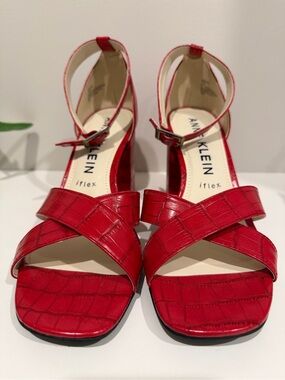 Anne Klein Red Croc-Embossed Ankle Strap Block Heels